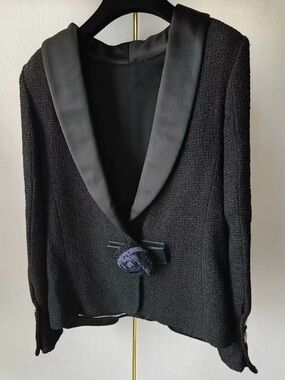 Authentic CHANEL Black Tweed Blazer with Satin Shawl Collar